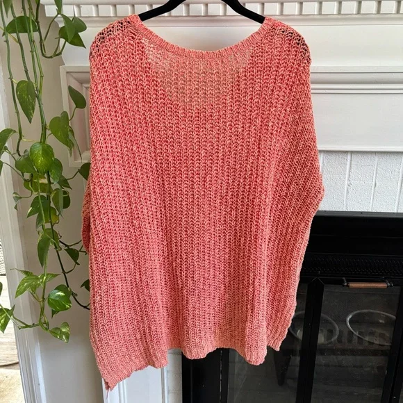 Free People Open Loose Knit Coral Pink Orange Sweater Medium Cotton Pocket - Picture 3 of 4